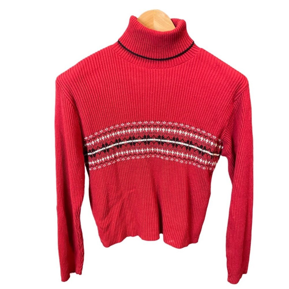 It’s Our Time Red Patterned Ribbed Turtleneck Long Sleeved Sweater Sz L